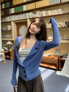 Jaket Kardigan Rajut Lengan Panjang Slim Fit Warna Biru dengan Kerah dan Pinggang yang Dapat Dikencangkan, Musim Gugur/Dingin - Biru - View 9