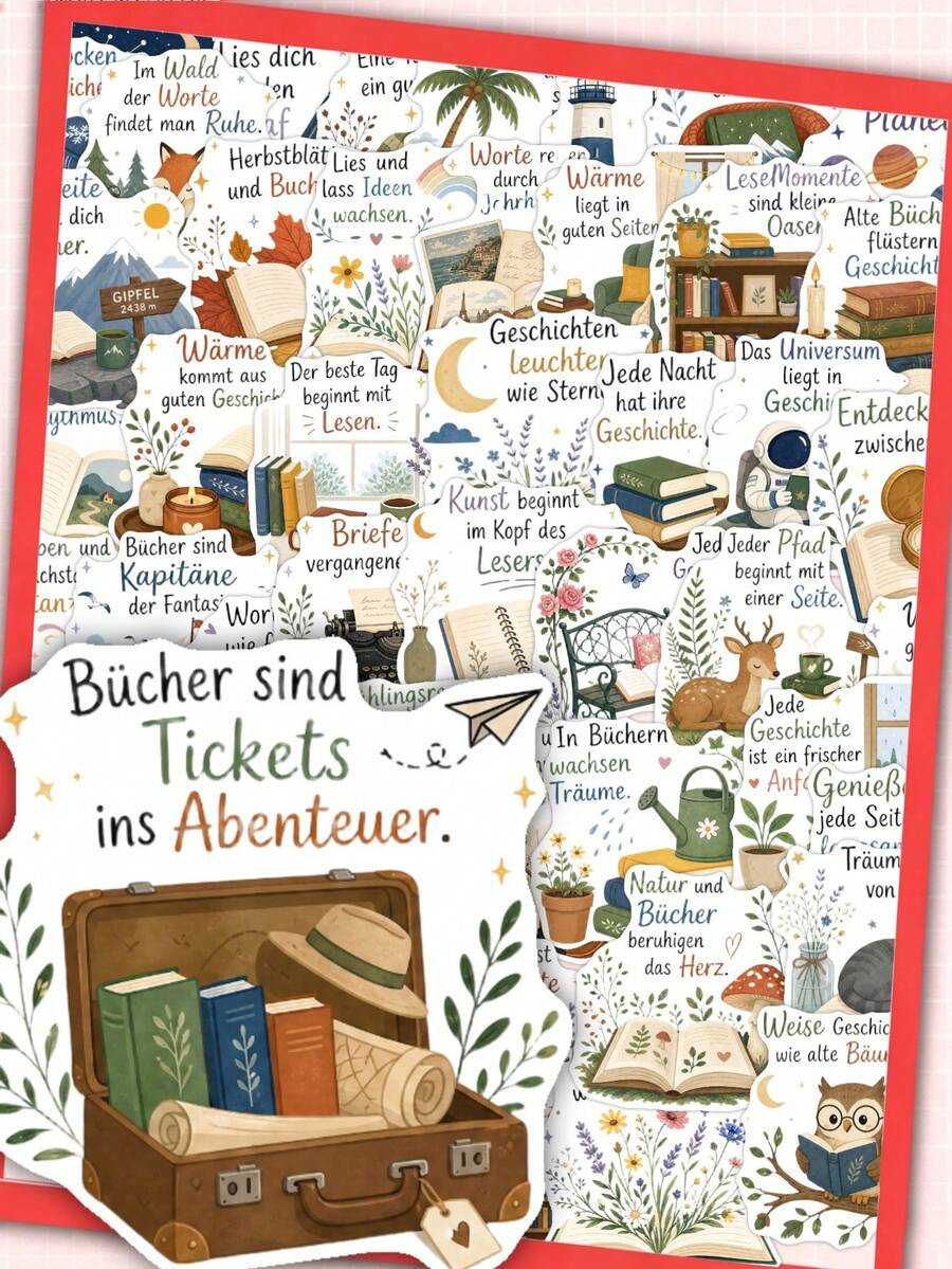 50Pcs German Book Quote Sticker Pack, Vintage Reading Inspirational German Text Decorative Decals For Scrapbooking Journal Phone Case Water Bottle DIY Craft - Multicolor - View 1