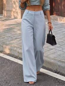 Women's Striped Casual Daily Wear Long Pants - Baby Blue - View 2