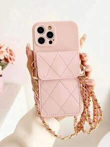 1PC Solid Color Coin Card Holder Chain Quilted Design Compatible With Apple 17 Pro Max 17 Pro 17 16 Pro Max 16 Pro 16 15 Pro Max 15 Pro 15 14 Pro Max 14 Pro 14 13 Pro Max 13 Pro 13 12 Pro Max 12 Pro 12 Full Coverage Protective Case - Pink - View 5