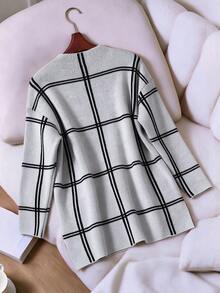 Women's Plaid Print Faux Collar Split Hem Sweater, Suitable For Autumn/Winter - White - View 3