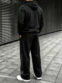 Men's Autumn/Winter Thermal Lined Hooded Sweatshirt & Loose Street Casual Sweatpants 2 Pieces Set - Black - View 3