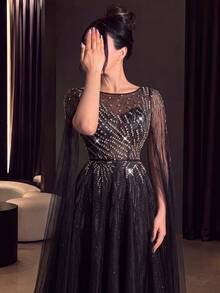 Elegant Black Long Ball Gown, Rhinestone & Sequin Embellished Bodice, Sheer Extra Long Cape Sleeves, Suitable For Formal Evening Party - Black - View 4