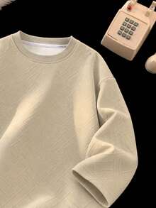 Blueprint Man 1pc Men's T-Shirt, Khaki Crew Neck Long Sleeve Top, All-Over 3D Embossed Geometric Pattern, Soft Skin-Friendly Fabric, Delicate And Soft Touch, Loose Drop Shoulder Fit, Flattering For All Body Types, Casual Slouchy, Spring/Autumn Commute, Shopping, Travel, Old Money Style - Khaki - View 11