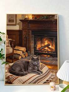 DIY Paint By Numbers Kit, Grey Cat Lying In Front Of Warm Fireplace, Oil Painting Canvas Wall Art Home Decor Gift - A - View 3