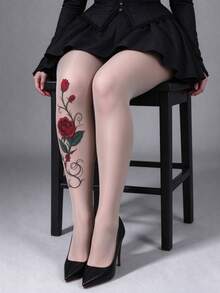 1 Pair Nude Sheer Tights, Red Rose Print Pantyhose For Women Date Night - Multicolor - View 5
