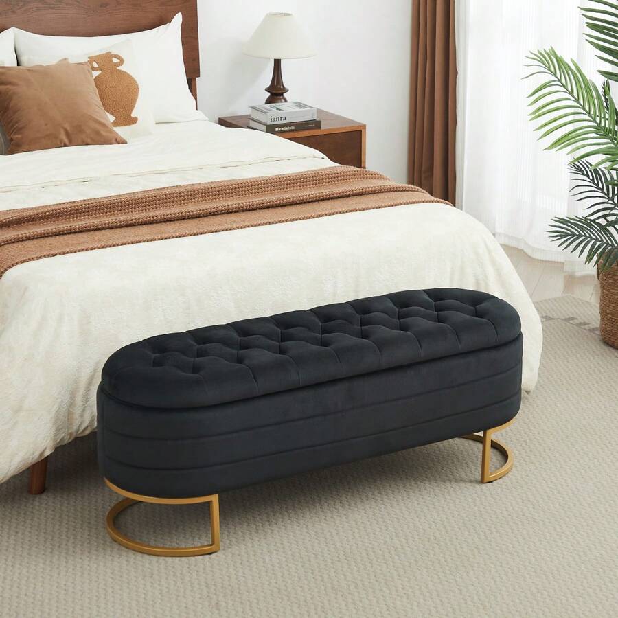 Modern Upholstered Bench / Velvet Bench / Easy Assembly / Robust And Stable Metal Legs / Storage Under Seat / Suitable For Bedroom, Living Room And Hallway - Black - View 1