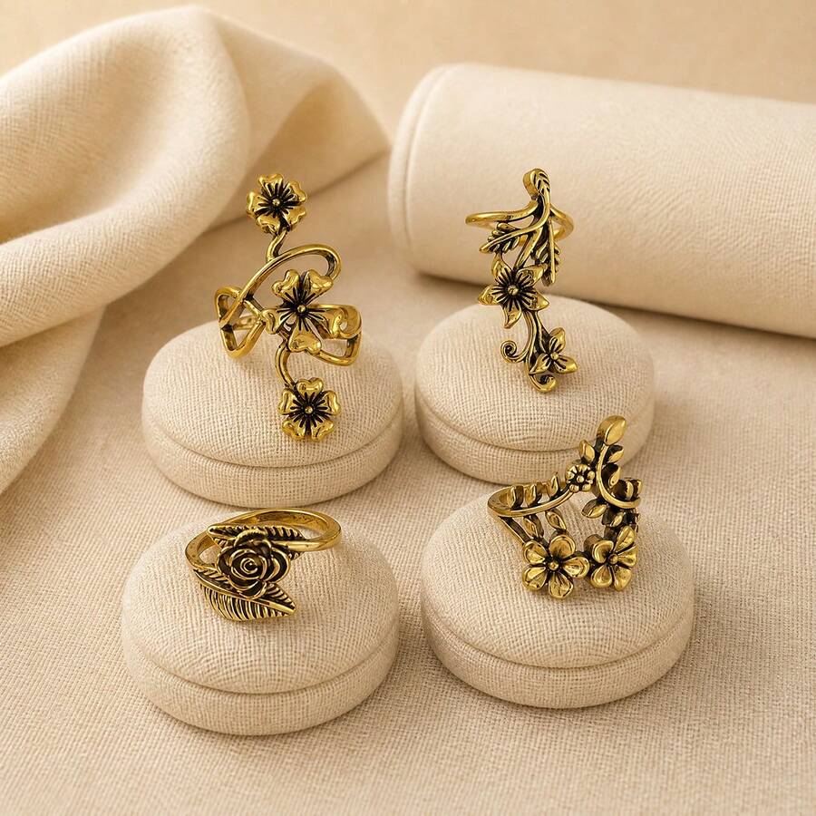 1/4pcs Bronze Mori Style Vine Leaf Flower Rings For Women, Suitable For Daily Wear - Yellow Gold - View 1