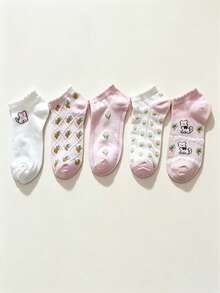 5 Pairs Mixed Women's Sweet Floral & Cat Short Socks, Pink & White Color, Ruffle Edge Jacquard Knit, Soft, Breathable, Comfortable, Cute Girly Style, Versatile Daily Wear - Multicolor - View 6
