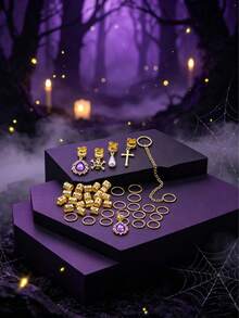 Set Aksesori Rambut Dreadlock Halloween 47pcs, Cincin Rambut Kepang Logam Punk, Ikat Rambut Rantai Tengkorak Salib Bintang, Aksesori Penataan Rambut Liburan - Emas - View 3