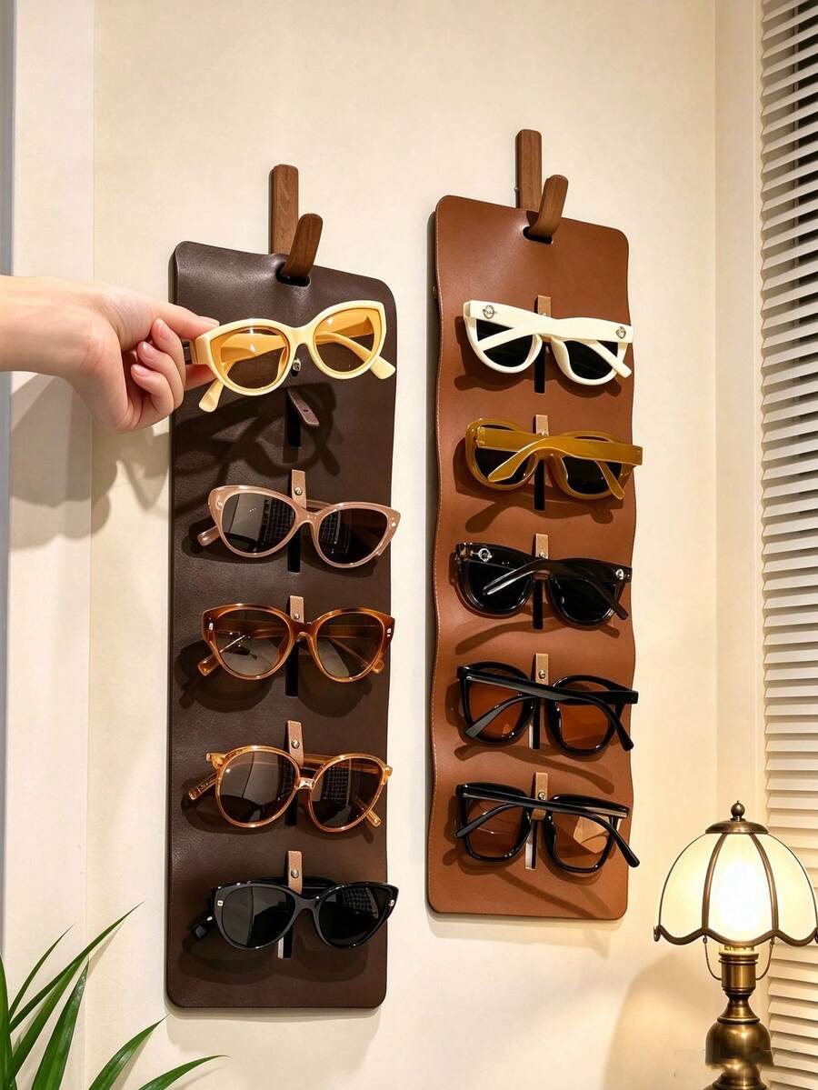 Artificial Leather Wall-Mounted Fashion Eyewear Storage Rack, Multi-Slot Glasses Storage Rack With Hooks, Suitable For Fashion Eyewear And Glasses, Entryway Bedroom Closet Vanity Home Decor
