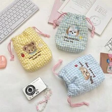 1Pc Cartoon Embroidery Decor Gingham Quilted Drawstring Makeup Bag,Multifunctional Drawstring Bag,Carry On Miscellaneous Bag,Travel Cosmetic Bag - Multicolor - View 3