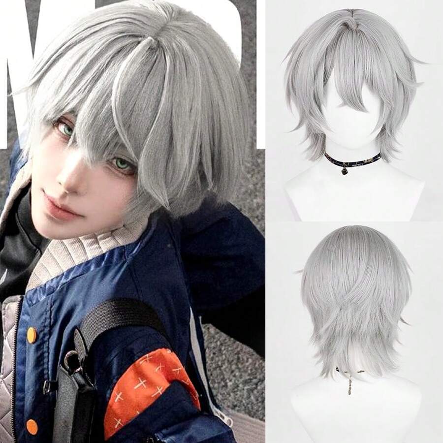 Synthetic Men Short Straight Grey Wigs With Bangs Anime Game Cosplay Wig Fluffy Heat Resistan For Daily Party
