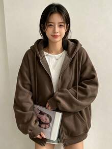 YCYC 女款秋冬純色落肩長袖休閒寬鬆抽繩抓絨衛衣 - 咖啡棕 - 查看 2