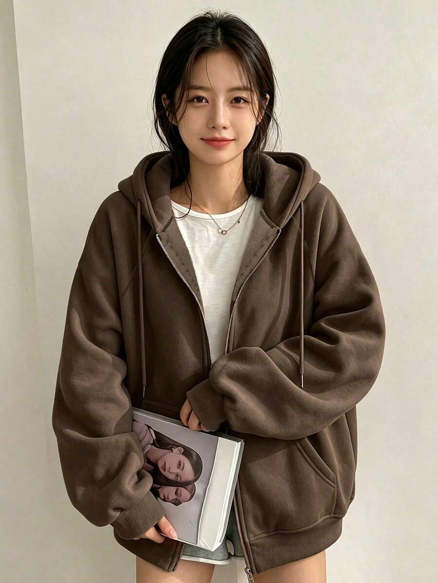 YCYC 女款秋冬純色落肩長袖休閒寬鬆抽繩抓絨衛衣