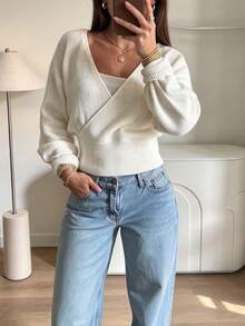 Women's Fashion White Knitted Sweater, Regular Length Long Sleeve Pullover, Slightly Elastic, Suitable For Spring And Autumn Wear. - White - View 5