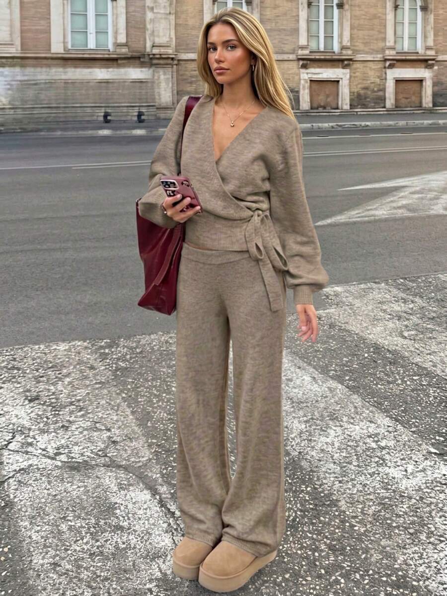 Women's Fashion Casual Sweater + Mid-Waist Pants 2pcs Set - Camel Brown - View 1