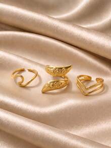 3pcs/Set Vintage Gold Carved Open Ring Set, Adjustable V-Shaped Twisted Band Rings, Niche Luxury Stackable Women's Hand Jewelry - Gold - View 1