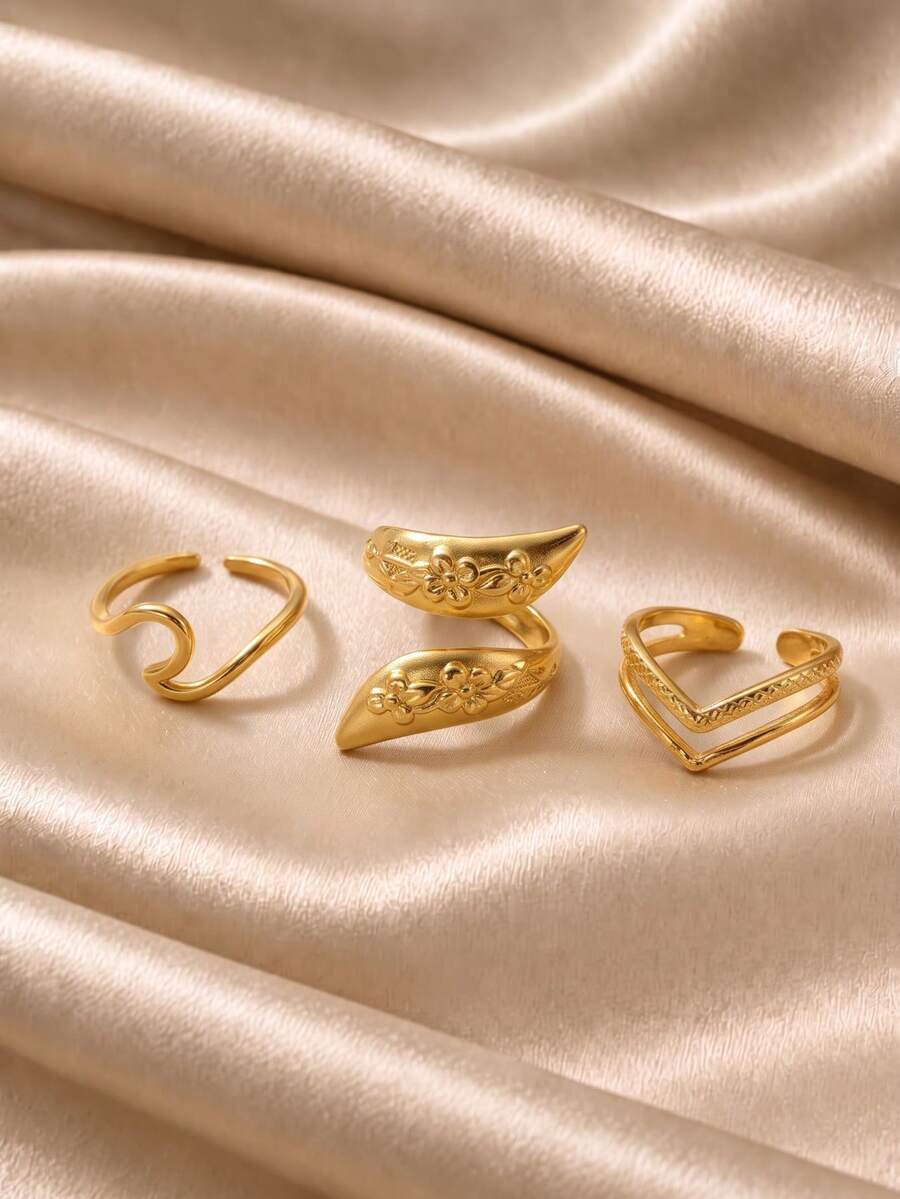 3pcs/Set Vintage Gold Carved Open Ring Set, Adjustable V-Shaped Twisted Band Rings, Niche Luxury Stackable Women's Hand Jewelry - Gold - View 1