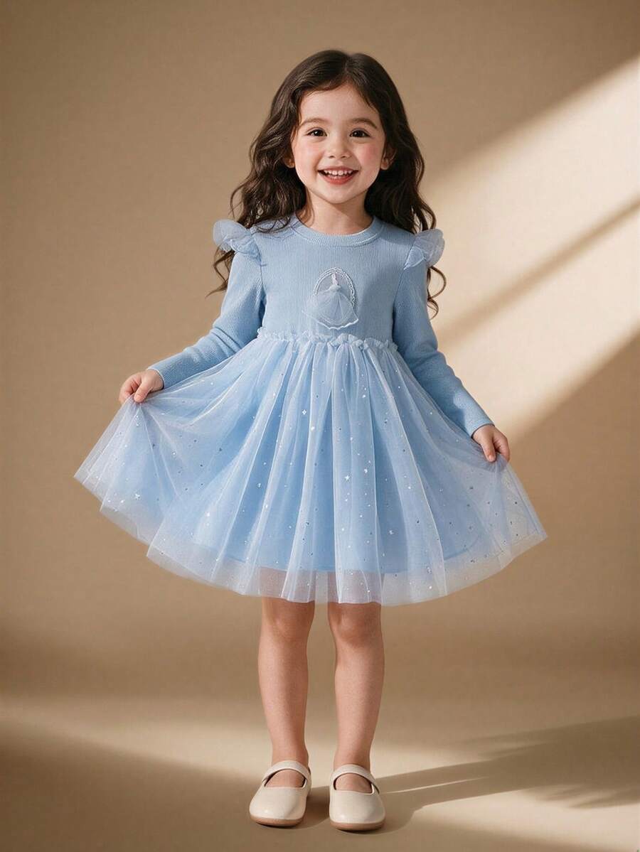 Young Girls' Spring/Autumn Cartoon Print Knit Contrast Mesh Princess Dress - Blue - View 1