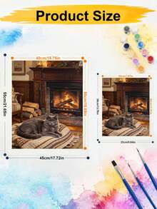 DIY Paint By Numbers Kit, Grey Cat Lying In Front Of Warm Fireplace, Oil Painting Canvas Wall Art Home Decor Gift - A - View 5