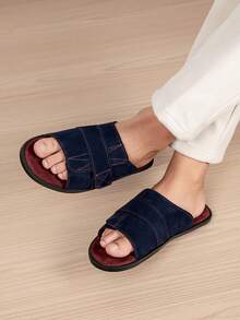 Vintage Men's Outdoor Slippers With Cross Hook And Loop Design, Easy On/Off, Soft Fleece Lining, Foot Protection, Minimalist Style, Suitable For Daily Commute And Casual Wear - Blue-red - View 7
