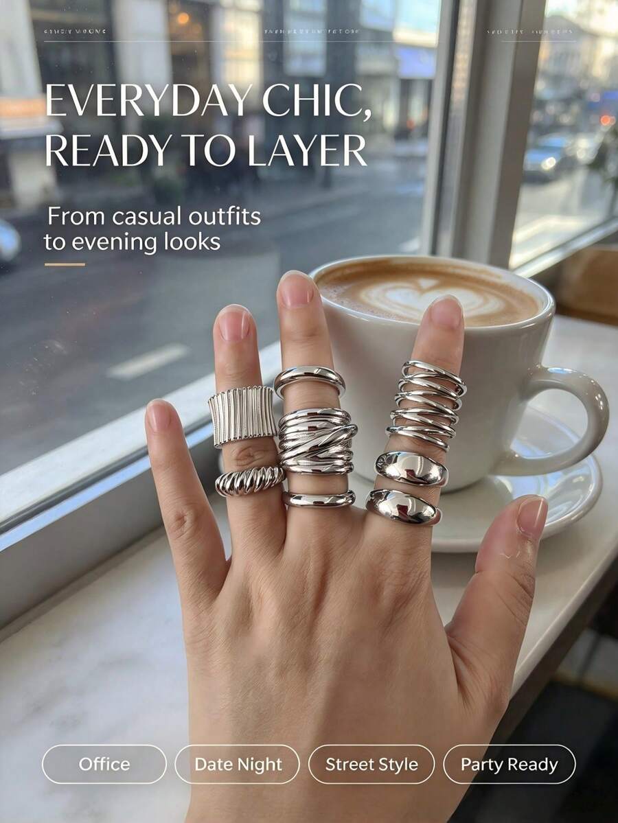 8pcs Simple Metal Wide Band Rings Set, Old Money Style, Women's Date Gift, Casual Daily Wear, Party Outfit - Style 1 - View 1
