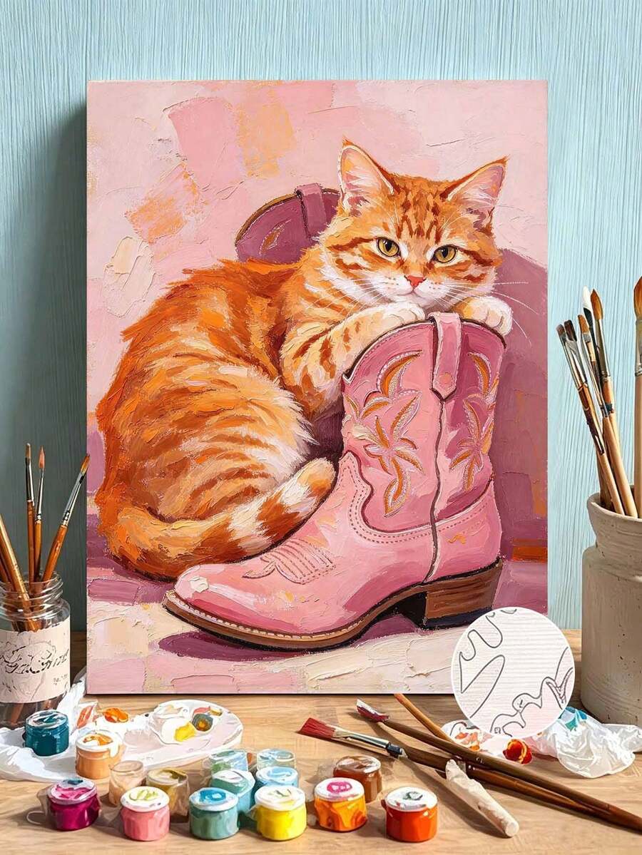 DIY Paint By Numbers Kit, Cute Orange Cat With Pink Cowboy Boots, Oil Painting Canvas Wall Art Home Decor Gift - A - View 1