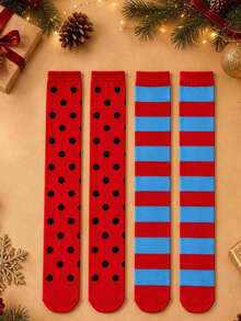 Christmas Knee-High Socks Polka Dot Red & Blue Striped Knit Mid-Calf Socks Holiday Outfit Cosplay Socks - Red - View 3