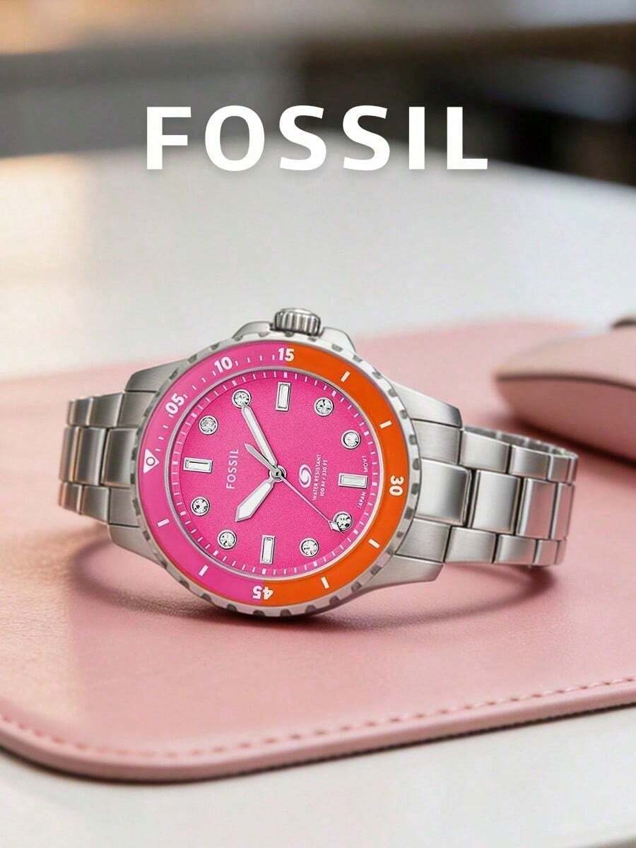 Fossil ES5351 Vibrant Women Watch,Bright Pink Dial Crystal Hour Markers Steel Band Versatile Casual Wrist Watch - Pink - View 1