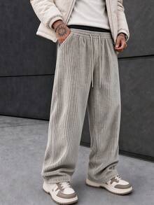Men's Corduroy Straight Leg Pants, Comfortable Loose Fit Solid Color Versatile Long Pants, Autumn/Winter Double Waistband Design Casual Trousers - Beige - View 9