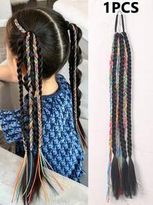1pc Multi-Strand Braided Synthetic Ponytail Hair Extension With Elastic Hair Band, Long Square Braid Dreadlock Ponytail Hair Piece, Children's Holiday Party Costume Hair Accessory - Multicolor - View 2