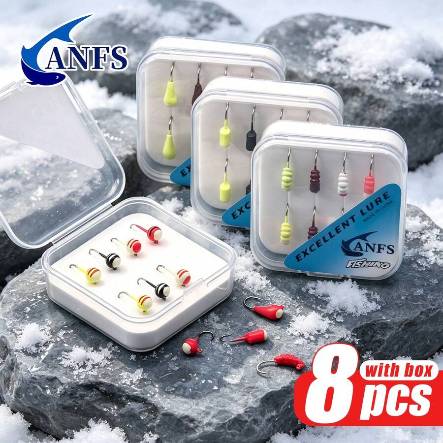 ANFS 8pcs/Box Ice Fishing Jig Set Ice Fishing Lures Head Hook Set For Panfish, Crappie, Walleye, Perch, Trout, Bluegill