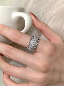 1pc Elegant Luxury Cubic Zirconia Flower Copper Alloy Open Ring, Suitable For Women's Ball And Party Wear - Silver - View 2
