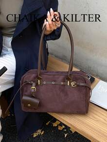 1pc Suede Fabric Shoulder Bag With Buckle Design, Suitable For Commuting, Shopping, Etc. (Includes Small Pouch) - Coffee - View 6