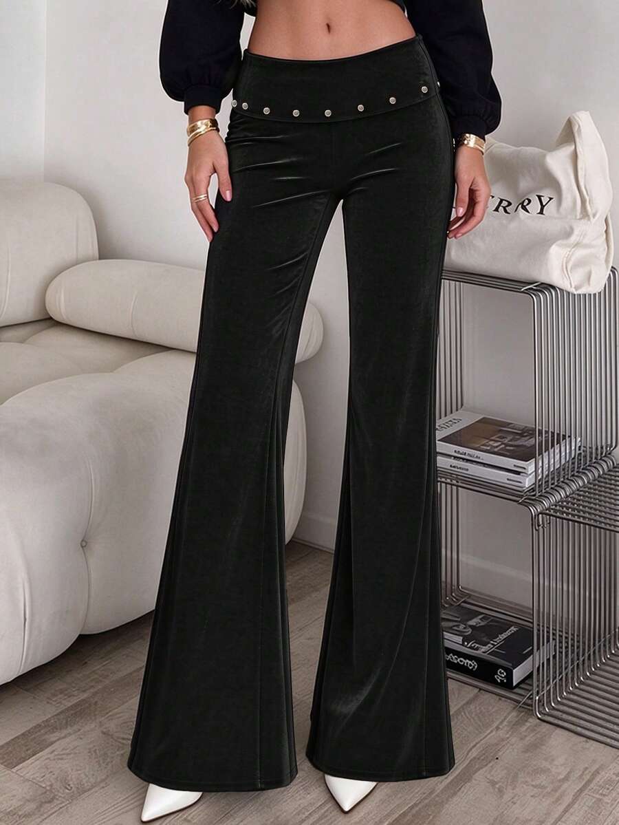Women's Black Velour Mid Rise Wide Leg Pants Stud Detail Party Night Out Trousers - Black - View 1