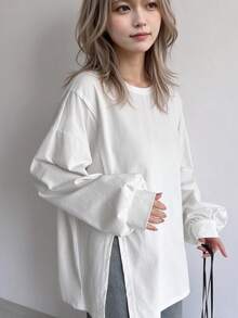 FRIFUL 纯色女式侧开衩落肩T恤，秋季服装长袖女式上衣 - 白色 - 查看 1