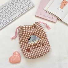 1Pc Cartoon Embroidery Decor Gingham Quilted Drawstring Makeup Bag,Multifunctional Drawstring Bag,Carry On Miscellaneous Bag,Travel Cosmetic Bag - Multicolor - View 14
