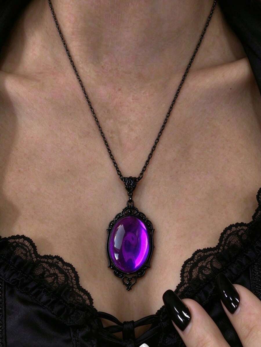 1pc Gothic Vintage Star Crystal Magnifying Mirror Pendant Necklace, Unisex, Halloween Party Magic Jewelry Accessory - Purple - View 1
