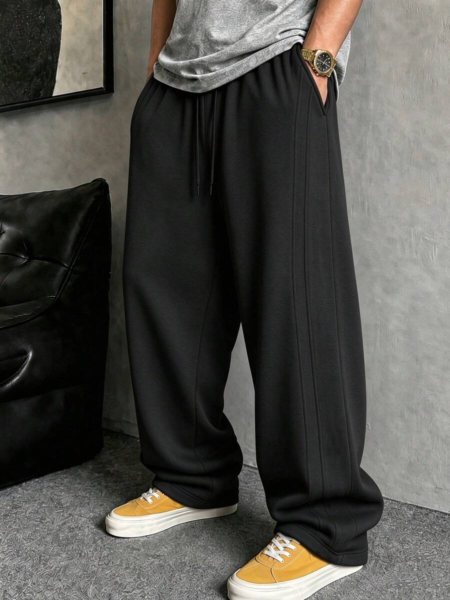 Men's Wide Leg Sweatpants Casual Long Pants Loose Fit Drawstring Waist Autumn Winter - Black - View 1
