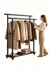 1pc Double Rod Mobile Clothes Drying Rack With Wheels, Simple Freestanding Garment Rack For Indoor Clothes Hanging, Suitable For Bedroom, Balcony And Cloakroom Use - A - View 6