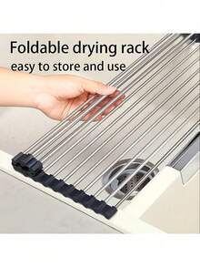 Stainless Steel Roll-Up Dish Rack / Kitchen Anti-Slip Drain Mat - Foldable, Space-Saving, Over Sink, Rust-Resistant, Easy To Clean, Suitable For Kitchen Sink, Countertop, Refrigerator Organization - Multicolor - View 10