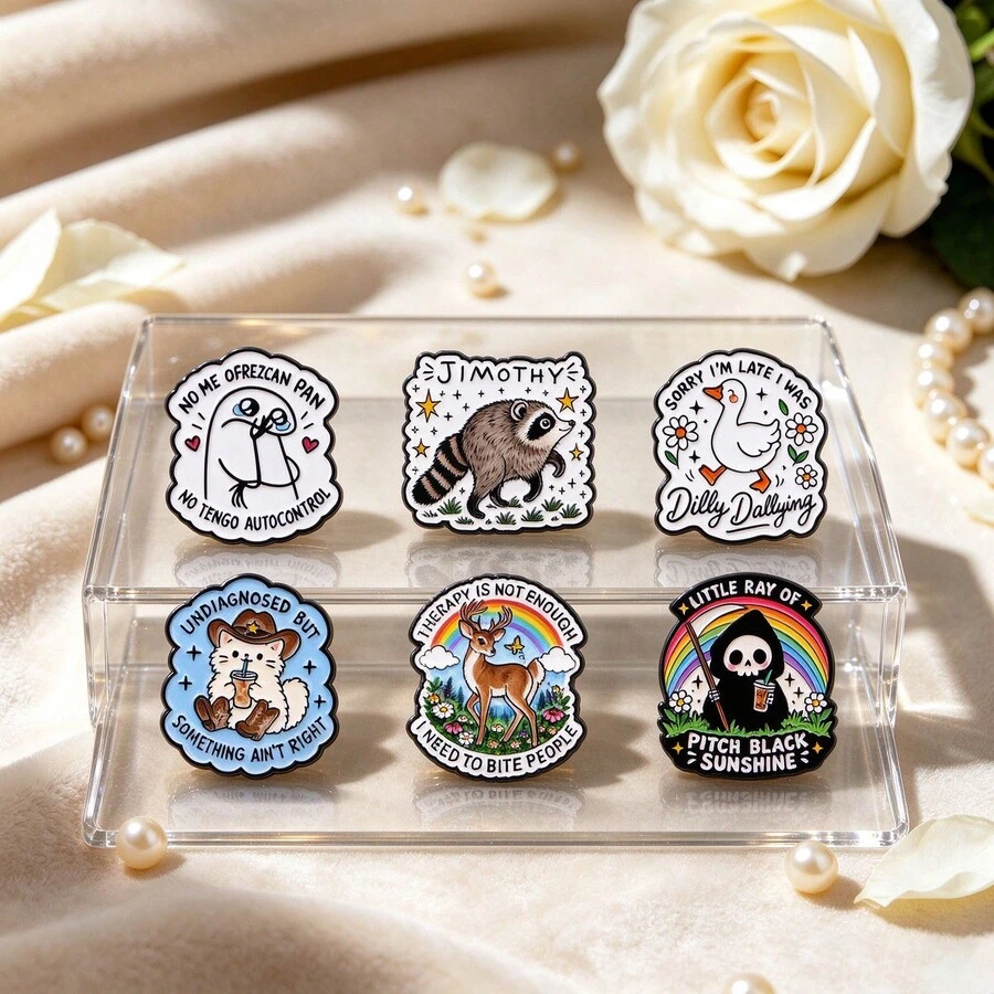 Funny Quote Cartoon Animal Enamel Brooch Set, Cute Raccoon Duck Cat Skull Lapel Pin, Cute Metal Badge For Backpack Jacket Hat, Lovely Gift For Friends