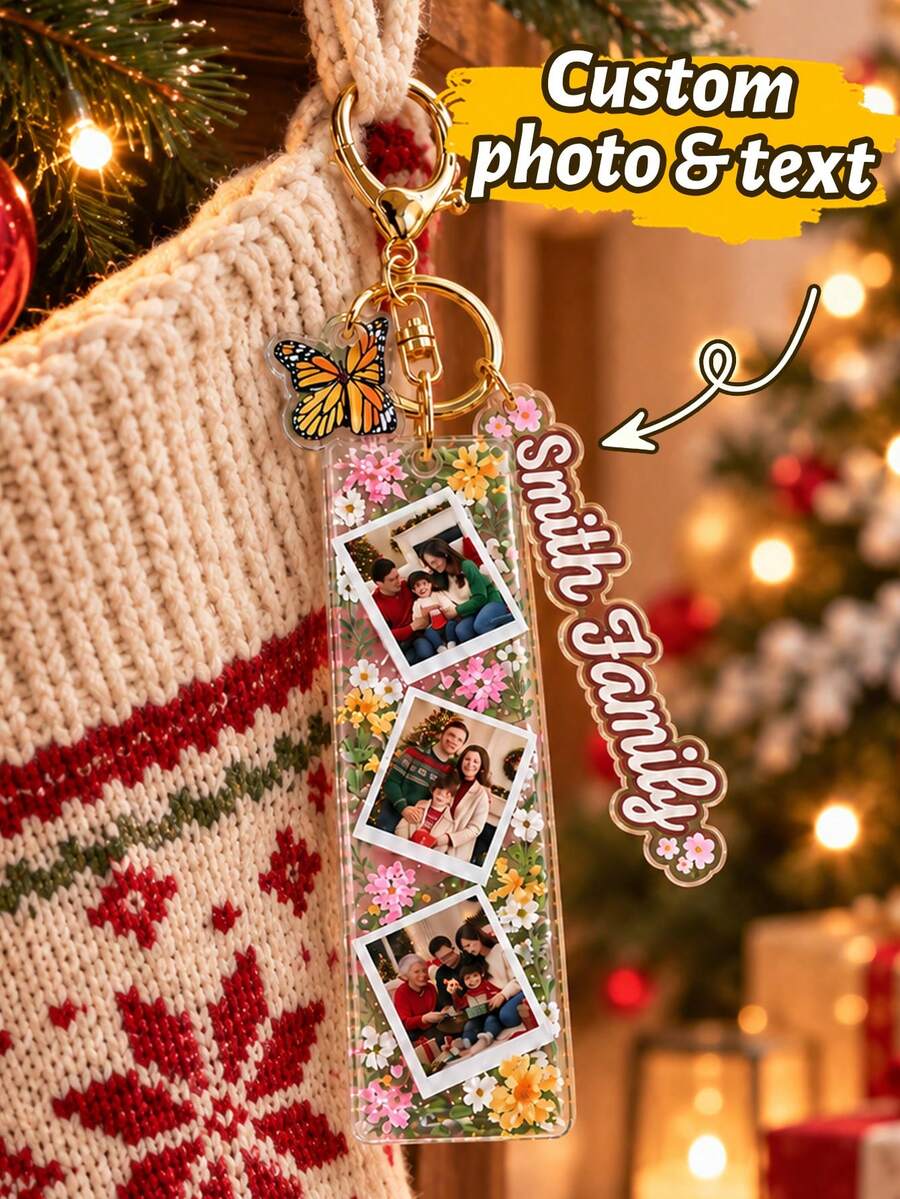 Custom Floral Photo Keychain, Personalized Family Key Chain, Vintage Flower Keychains, Customized Text Stocking Name Tag, Customizable Christmas Gift - Multicolor - View 1