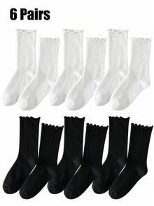 1/3/6 Pairs Women's Ruffle Hollow Diamond Knit Loose Mid-Calf Socks, Lightweight Breathable Cute - Multicolor - View 10