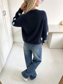 Women's Contrast Color Round Neck Polka Dot Single-Breasted Long Sleeve Soft Loose Knit Cardigan - Fashion Essential, Comfortable Commute, Casual Style - Royal Blue - View 3