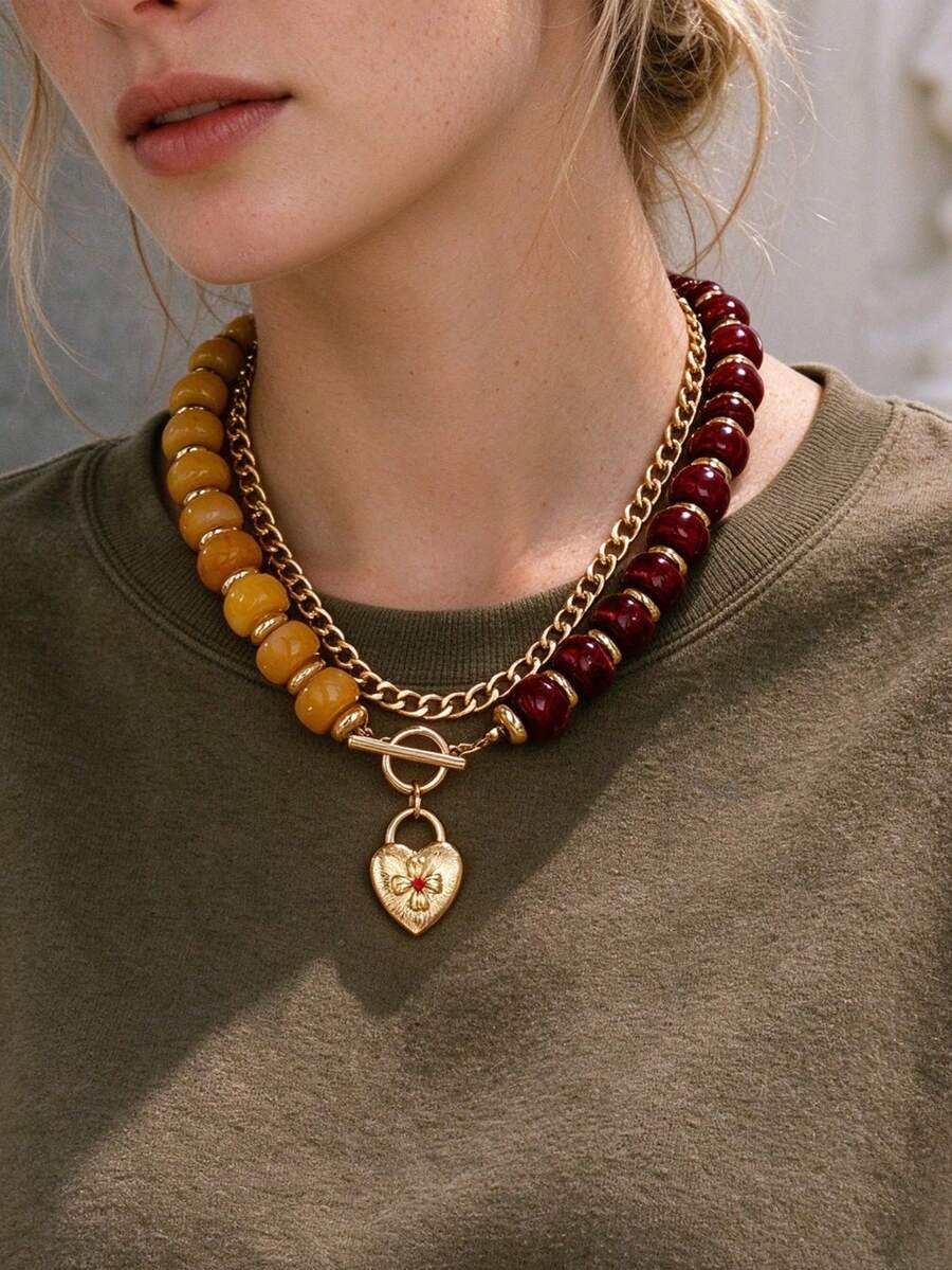 OABE 1pc Bohemian Style Burgundy And Orange Beaded Contrast Design With Metal Chain And Lock Pendant Multi-Layer Necklace For Women, Suitable For Daily Wear - Multicolor - View 1