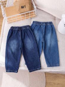 2pcs/Set Celana Jeans Longgar Kasual Gaya Jalanan untuk Bayi Laki-laki, Kain Lembut dan Nyaman, Cocok untuk Musim Gugur/Musim Dingin, Pakaian Sehari-hari yang Serbaguna - MultiWarna - View 2