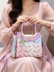 Women's Fashion Gradient Monogram Handbag Set, Stylish Top Handle Bag With Matching Purse, Contrast Color Trim, M Pearl Charm, Gold Hardware - Violet Purple - View 4