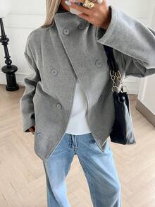 Business Casual Grey Wool Short Jacket | Women's Double-Breasted High Collar Blazer | 2026 Autumn/Winter Office Commute | Holiday Vacation Outfit - Grey - View 1